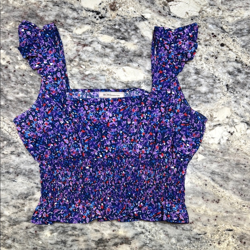 BCBGMaxAzria Blue and purple Smocked Ruffled Tank Top like new!